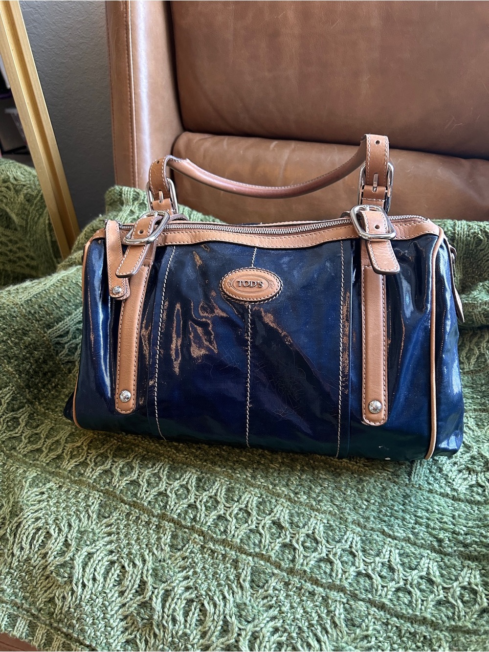 TOD’S Navy Patent Coated Canvas Satchel with Brown Leather Trim
